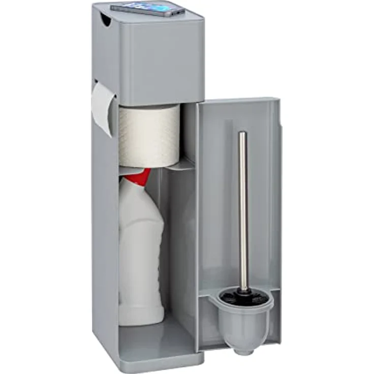 WENKO Stand WC-Garnitur Imon 6 in 1, mit integriertem Toilettenpapierhalter, WC-Bürstenhalter, Ersatzrollenhalter, Stauraumfächer und Ablage, solider Kunststoff, 20 x 58,5 x 15 cm, Grau mattiert – Bild 2