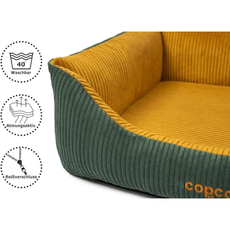 CopcoPet Orthopädisches Hundebett Kyra in Cord Stoff S 70x55cm Goldgelb/Tannengrün - Hundekissen Viskose Abnehmbarer & waschbarer Bezug - Hundekorb mit hohen Rändern & Rutschfester Unterseite – Bild 2