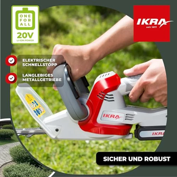 IKRA Akku Heckenschere IAHS 20-1, 20V, 54 cm Schnittlänge, 18 mm Schnittstärke, inkl. 2 Akkus (2,0 & 2,5 Ah) & Schnelllader, kabellos mit Schnellstop und Antivibrationssystem – Bild 4