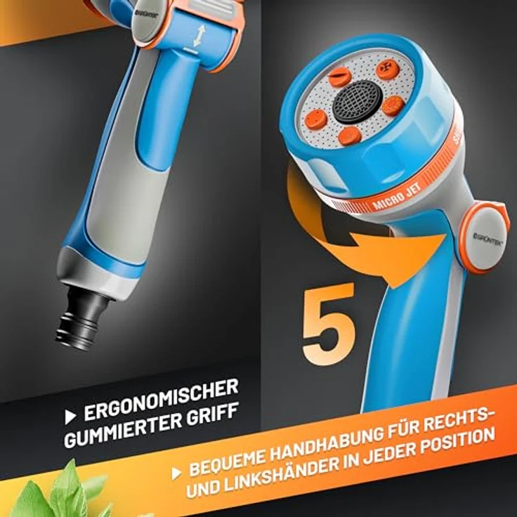 GRÜNTEK Ultraleichte Handbrause Garten Multibrause mit 5 Strahlarten, ergonomischem Griff und Daumensteuerung, universeller Schnellanschluss – Bild 2