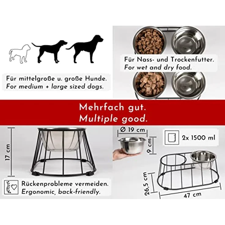 WONDERMAKE® Design Hundenapf erhöht für mittelgroße/große Hunde mit Ständer, Futternapf Hund Futterstation rutschfest aus Edelstahl, Fressnapf 2er Set 2 Näpfe doppelt, 47x26,5x17 cm, Silber Schwarz – Bild 4