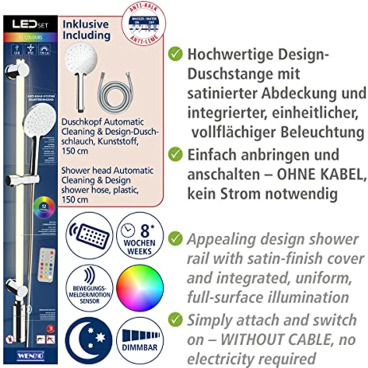 WENKO Stangenbrause-Set Duschstange mit LED-Beleuchtung, 3 tlg., mit Duschkopf und Duschschlauch, inkl. wiederaufladbarer Einheit, Warm-Weiß und 12 dimmbare Farben – Bild 6