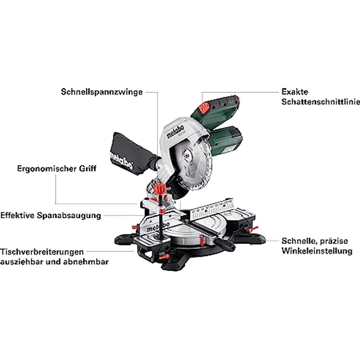 Metabo KS 216 M Set Kappsäge (Karton mit 2. HartmetallSägeblatt, mit Sägeblattneigung, integrierte Tischverbreiterungen) 610216900 – Bild 5