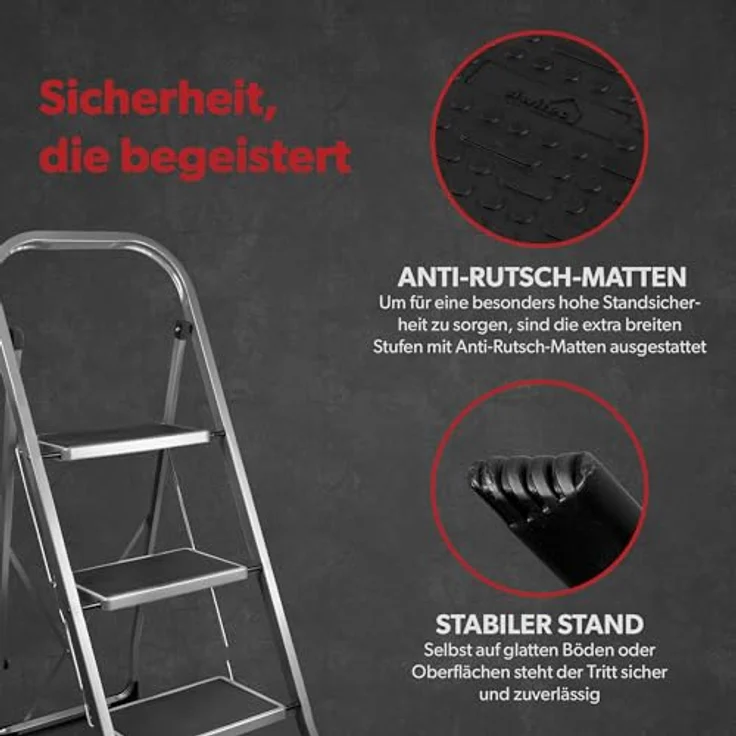 siwitec Klapptritt aus Stahl mit 3 Stufen, anthrazit, kleine Leiter mit Anti-Rutschmatten, 150 kg Traglast, TÜV/GS Zertifiziert,Klappleiter, Tritthocker – Bild 4