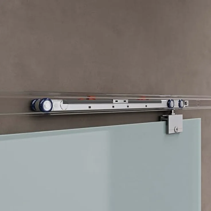 doporro Glasschiebetür Amalfi TS13H-900 90 x 215 cm | ESG-Sicherheitsglas 8mm satiniert | 5 Milchglas-Streifen | Stangengriff | Aluminumschiene | Edelstahl | 15mm Wandabstand – Bild 4