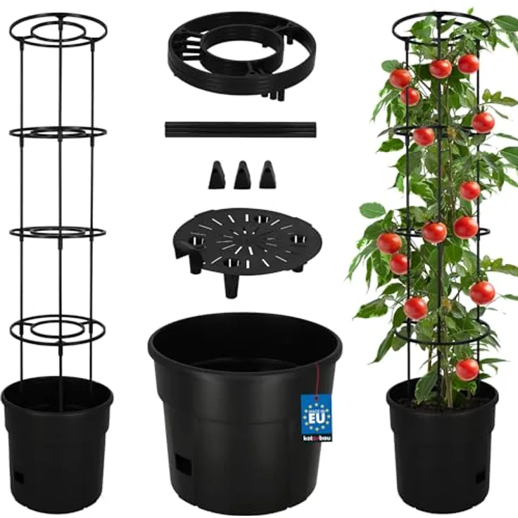 KOTARBAU® Tomatenturm 115 cm, Tomatentopf mit 12 L Fassungsvermögen, anpassbare Rankhilfe, schwarz Kunststoff, für Tomaten und Gemüse