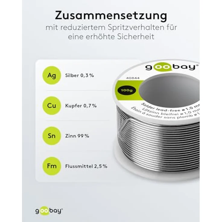 Goobay Lötzinn bleifrei, ø 1,0 mm, 100 g - Zusammensetzung: 0,3 % Silber, 0,7 % Kupfer, 96,5 % Zinn, Flußmittelanteil: 2,5 %, Schmelzpunkt 217° C – Bild 4