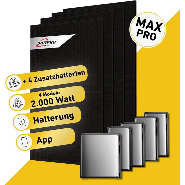 Balkonstrom Balkonkraftwerk MAX Pro 2000 Watt, Solaranlage Komplettset mit 5,024 kWh Hybridspeicher, Notstromfunktion, monokristallin, flexibler Montage für Balkon, Dach und Fassade