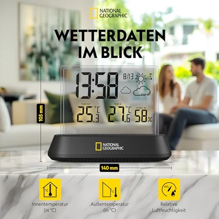National Geographic Wetterstation, Funkwetterstation mit transparentem Display und Schlummerfunktion, Schwarz – Bild 2