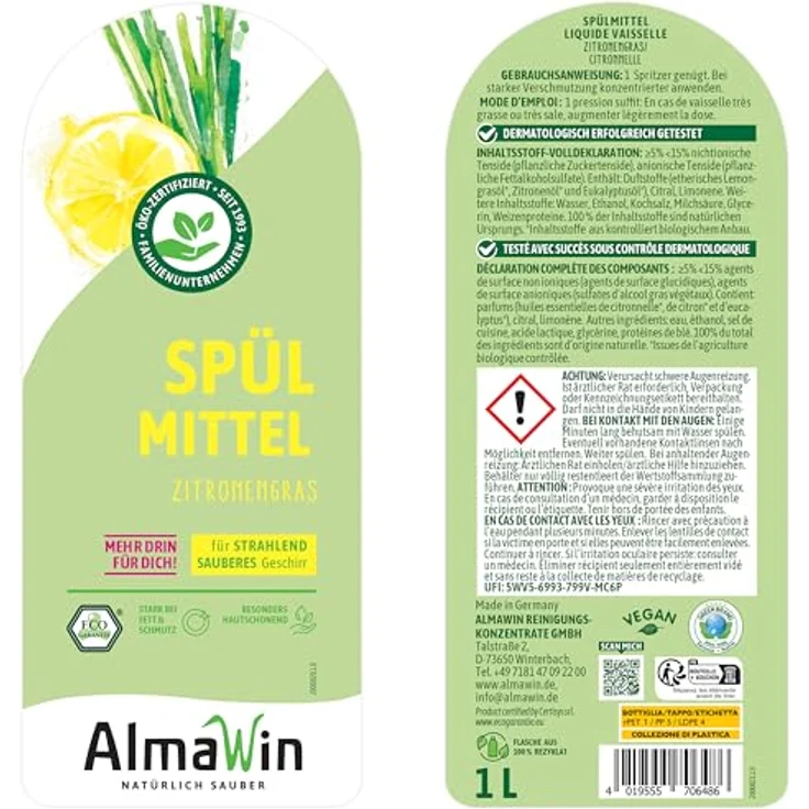Almawin Spülmittel Zitronengras, 1l Geschirrspülmittel mit biologischem Zitronengrasöl und rückfettenden Weizenproteinen – Bild 8
