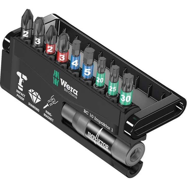 Wera 8740/51/55/67-9/IDC Impaktor Bit-Check 05057680001, 10-teiliges Bit-Set mit Kreuzschlitz Phillips, Kreuzschlitz Pozidriv und Innen-TORX, ideal für Impakt-/Schlagschrauber