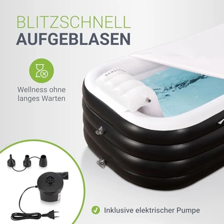 Juskys Aufblasbare Badewanne M, 300 L, platzsparend mit Rückenlehne, Pumpe und Abdeckung, Schwarz/Weiß – Bild 3