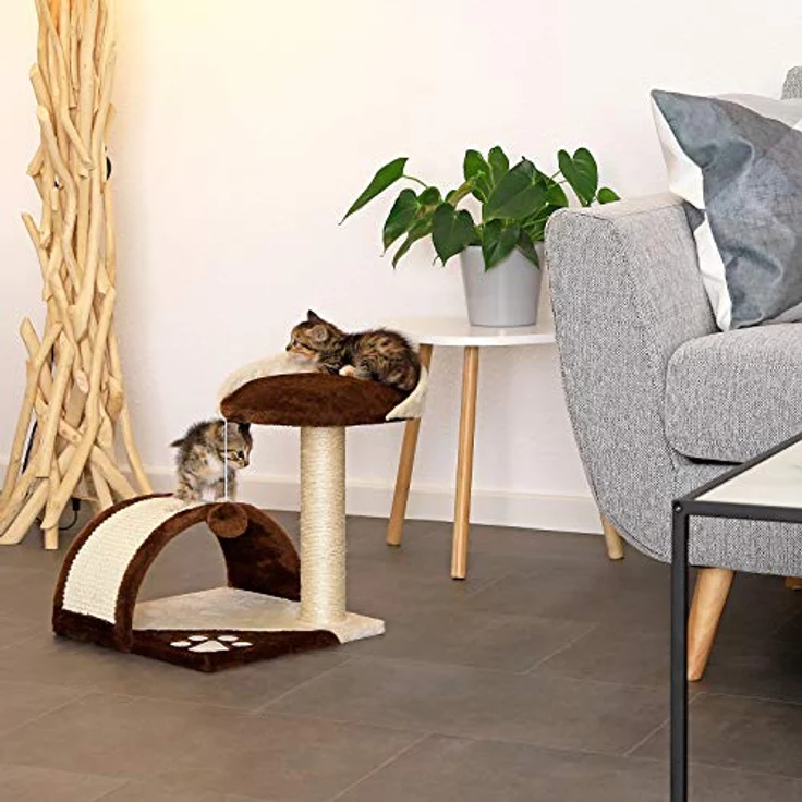 lionto Kratzbaum klein mit Plüschball & Kratzbogen, Höhe 43 cm, Sisalseil zur Krallenpflege, für kleine & große Katzen, braun/beige – Bild 2