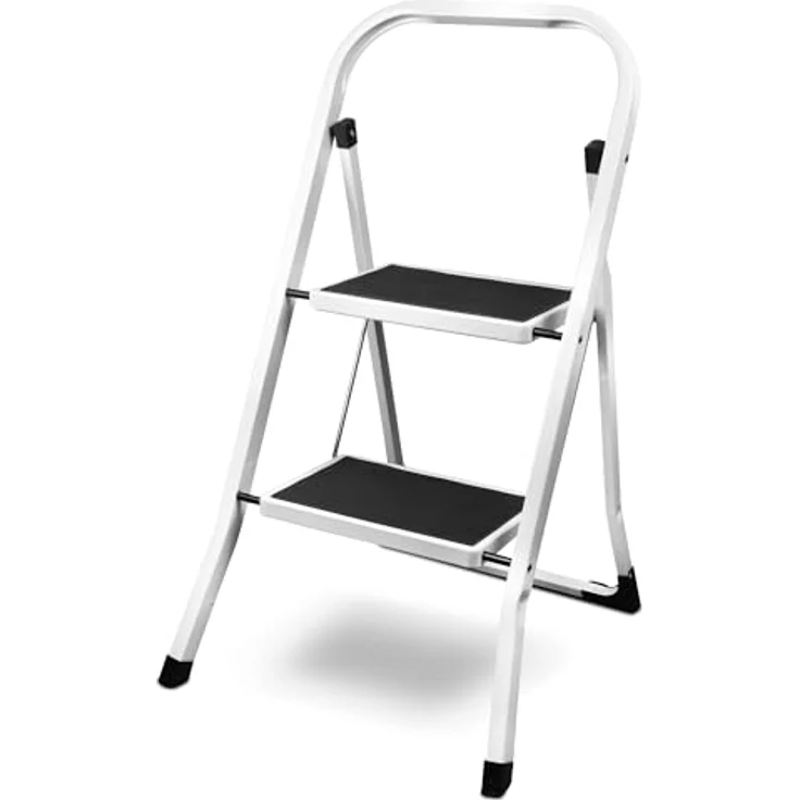 siwitec Klapptritt aus Stahl mit 2 Stufen, Weiss, kleine Leiter mit Anti-Rutschmatten, 150 kg Traglast, TÜV/GS Zertifiziert,Klappleiter, Tritthocker – Bild 1