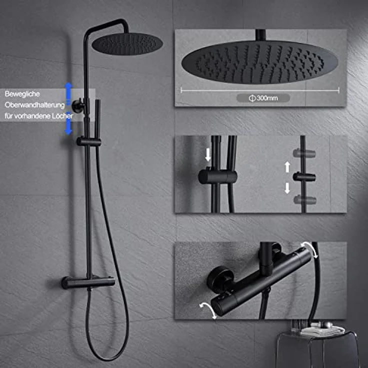 JOHO Thermostat Duschset Regendusche mit 30 cm XXL Regenduschkopf, Thermostatarmatur in Matt Schwarz, höhenverstellbar – Bild 5