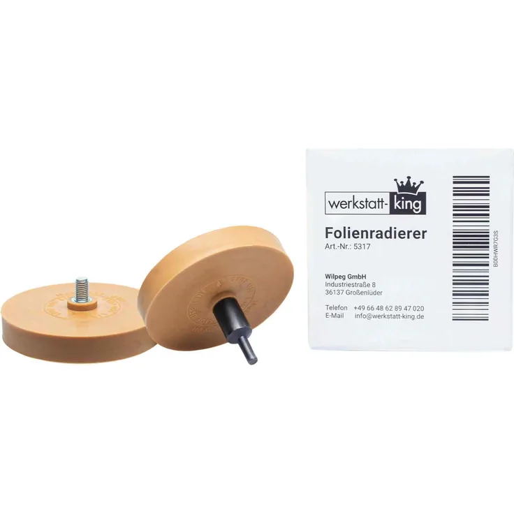 2x Folienradierer + 1x Adapter - Radiergummi für Zierstreifen, Aufkleber, Folien Für alle handelsübliche Bohrmaschinen, Akku-Schrauber, Geradschleifer geeignet