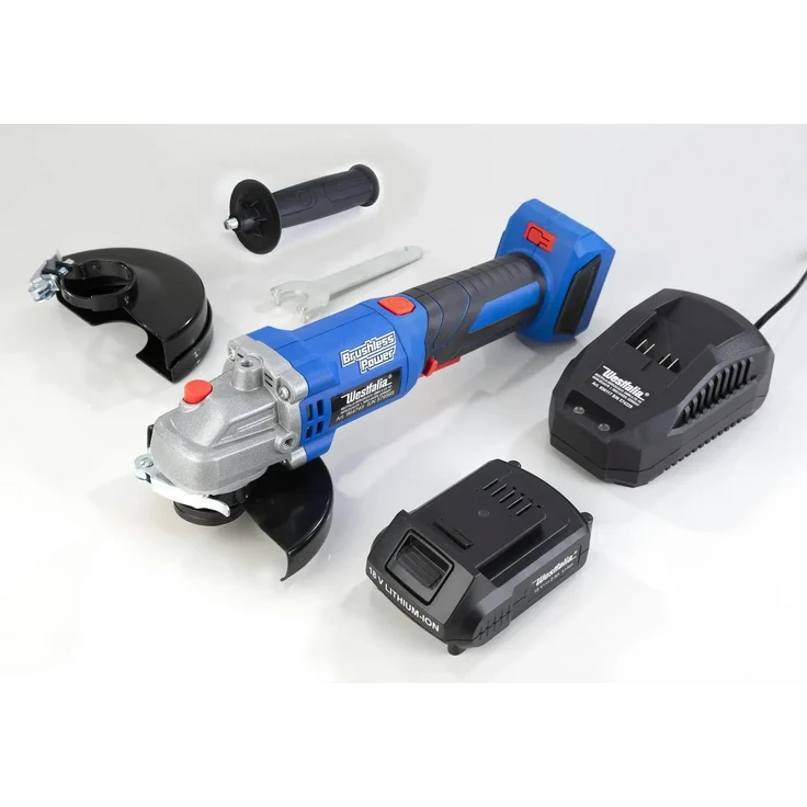 Westfalia Werkzeug Akku-Winkelschleifer BL 125 mm, 18V mit 2,0 Ah Li-Ion-Akku und Ladegerät, bürstenloser Motor, variable Drehzahl 3500-9000 U/min
