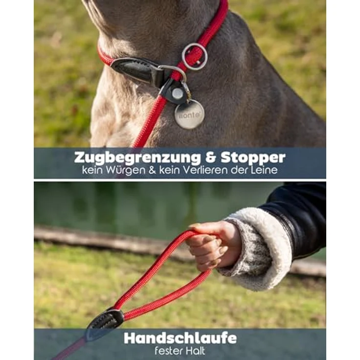 lionto Retrieverleine Moxonleine, robust und wetterfest, 120 cm mit Zugstopp, fellschonend, vegan, rot – Bild 3