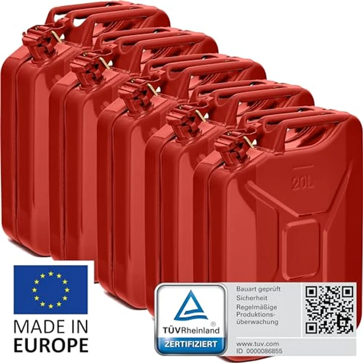 BW® Benzinkanister Metall 5x 20 Liter, roter Kraftstoffkanister RAL 3000, TÜV-geprüft, UN-zugelassen, 0,9mm Stahl für Benzin, Diesel, E10 und 2-Takt-Gemische, Made in Europe – Bild 2