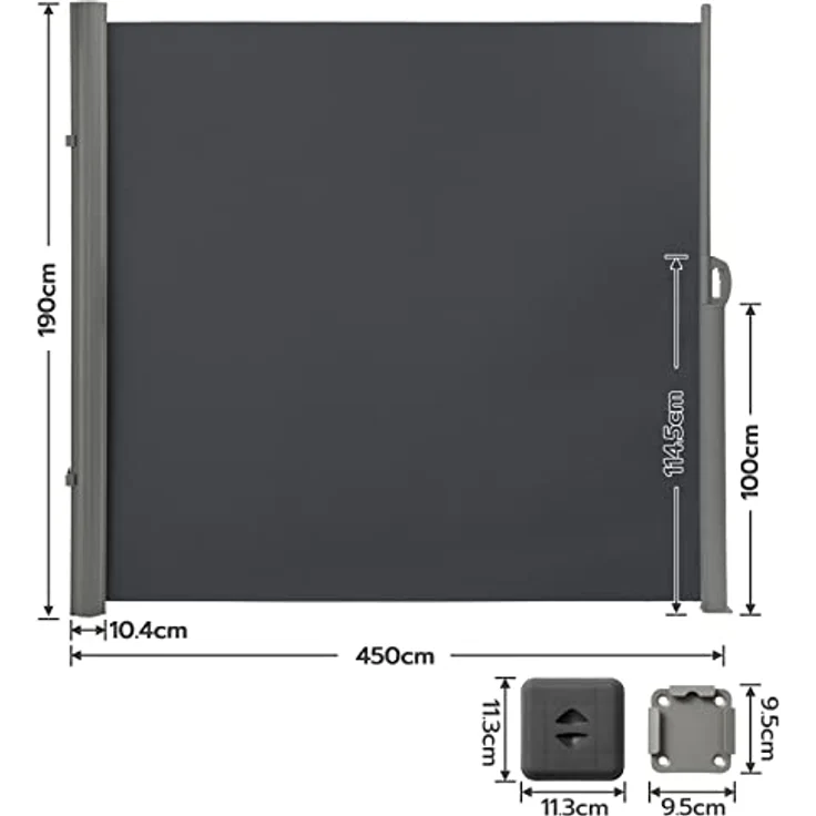 LARMNEE Alu-Seitenmarkise, ausziehbar, 190 x 450 cm, Sichtschutz, Sonnenschutz, blickdicht, wasserdicht, Anthrazit EBK1945BP02 – Bild 2