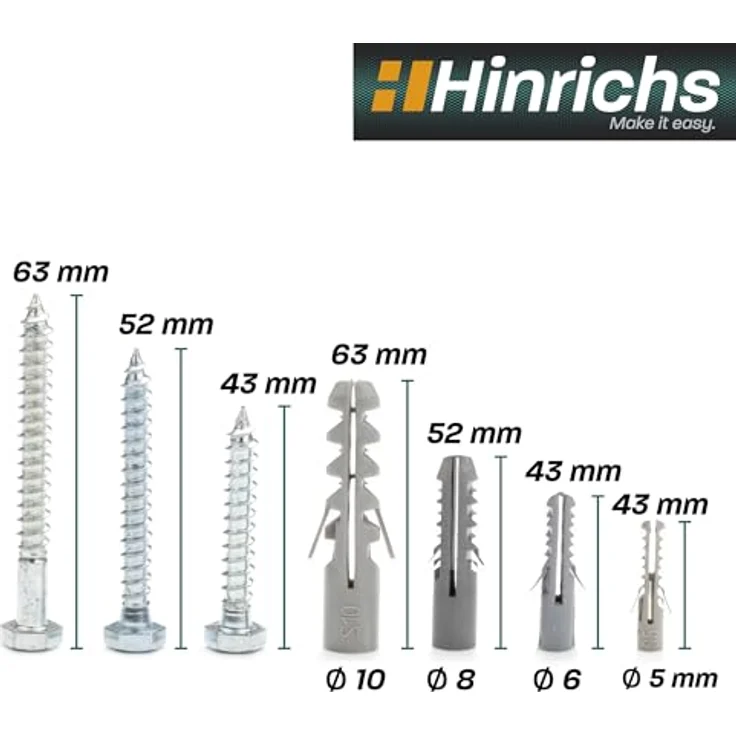 Hinrichs 417-tlg Schrauben Dübel Set - Aufbewahrungskoffer mit Dübelset in 4 Größen insgesamt 204 Stück + Schraubenset in 9 Größen insgesamt 213 Stück - Dübel - – Bild 2