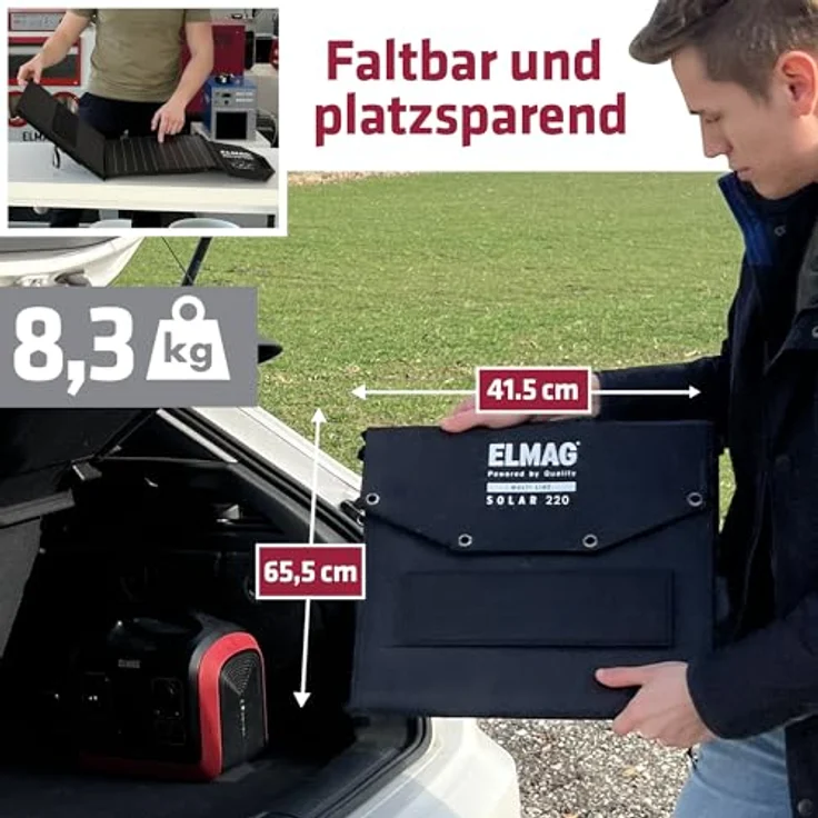 Elmag Faltbares Solarpanel SOLAR 220 - monokristallin, 220Wp, kompakt und transportabel mit integrierten Stützfüßen und Befestigungsösen – Bild 4
