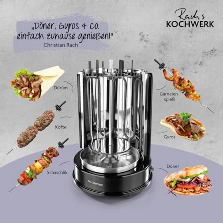 Rachs KOCHWERK Dönergrill für Zuhause | Vertikaler-Multigrill für Fleisch-, Fisch- & Veggie-Variationen | Rotisserie mit 360°-Rotation & großflächigem Heizelement | Mittelspieß & 6 Schaschlik-Spieße - Preisvergleich – Bild 4