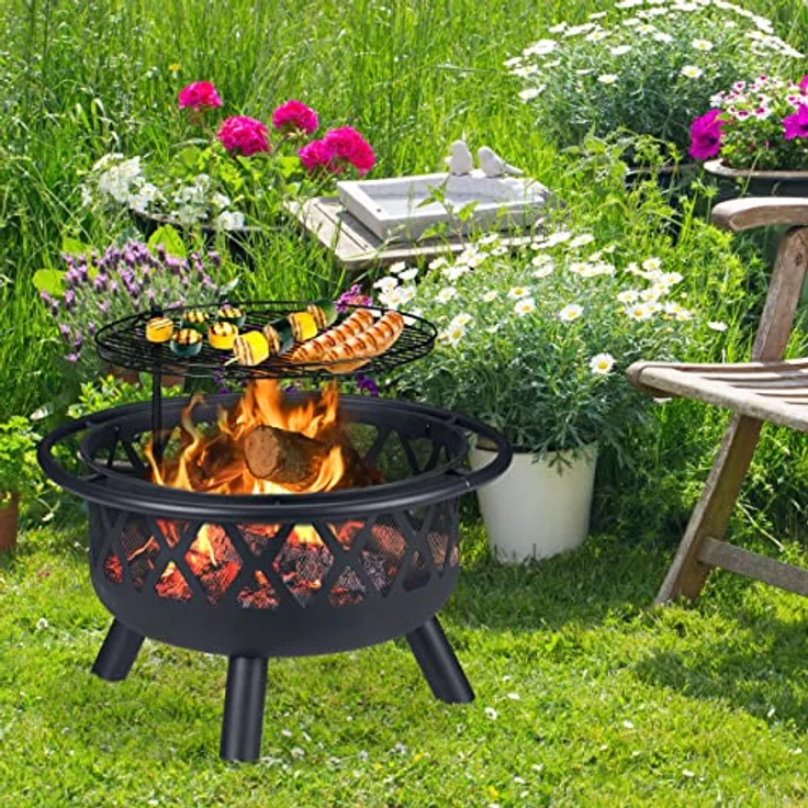 relaxdays Feuerschale mit Grillrost & Funkenschutz, XXL Feuerstelle in Schwarz, ideal für Terrasse und Garten – Bild 2