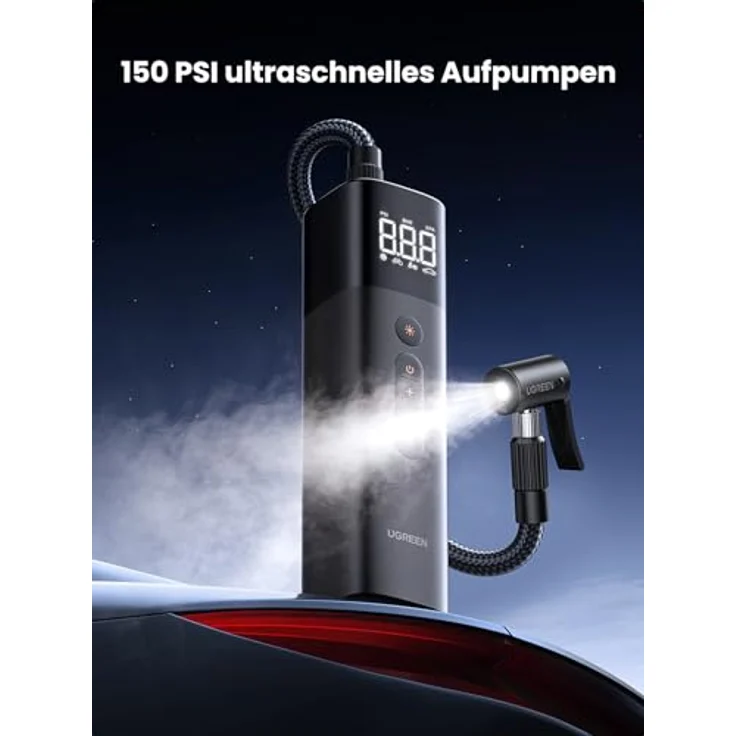 UGREEN Luftpumpe 12V, Elektrischer Kompressor mit digitaler Anzeige, 0.2-10.3bar / 3-150psi, tragbare Reifenpumpe für Fahrräder, Motorräder und Autos mit LED Licht – Bild 3