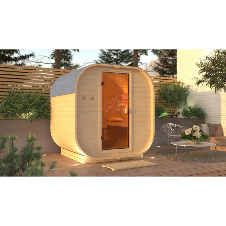 KONIFERA Fasssauna Cube, 199 x 175 x 205 cm, 38 mm Wandstärke, 3,6-kW-Plug & Play Ofen mit integrierter Steuerung, Espe-Bänke
