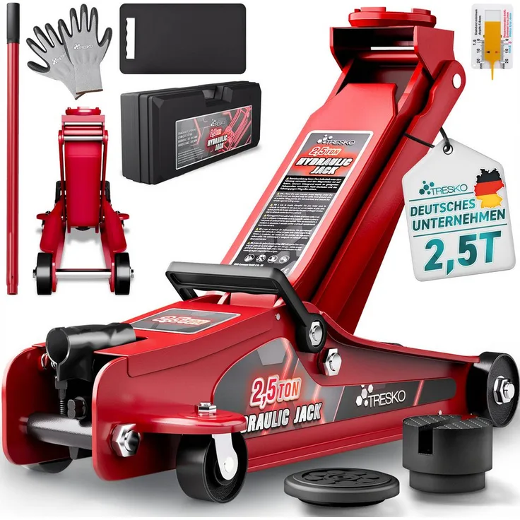 TRESKO Hydraulischer Wagenheber 2,5T mit Koffer, Hubhöhe 85-385mm, flach für tiefergelegte Autos, 360° Rollen, Rangierwagenheber