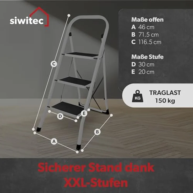 siwitec Klapptritt aus Stahl mit 3 Stufen, Weiss, kleine Leiter mit Anti-Rutschmatten, 150 kg Traglast, TÜV/GS Zertifiziert,Klappleiter, Tritthocker – Bild 2