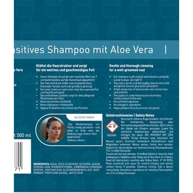 PetTec Hundeshampoo Aloe Vera, 500 ml, ph-neutral, vegan, allergenfrei, für alle Hunde und Katzen, Made in Germany – Bild 8
