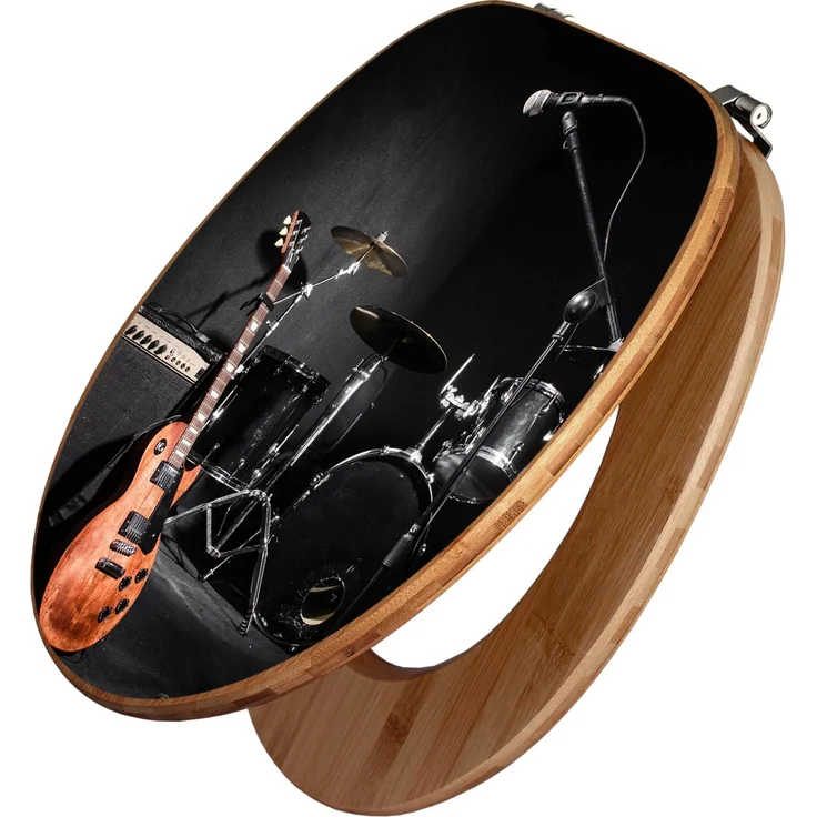 Banjado Bambus Toilettensitz mit Motiv Jam Session, stabiler WC-Sitz aus Holz mit Universal Scharnieren, 44cm x 38cm x 5,5cm
