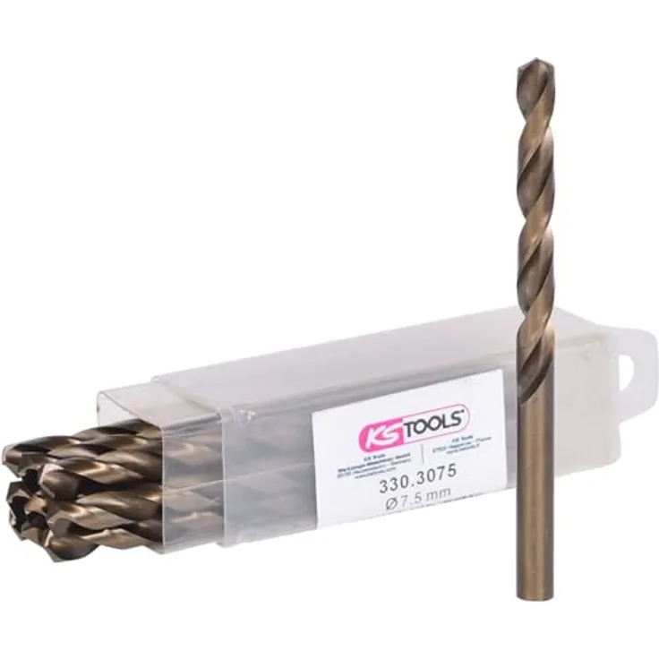 KS Tools 3303075 HSS-G-Co 5 Metall-Spiralbohrer-Set, 10 Stück mit 7.5 mm Durchmesser, kobaltlegierter Hochleistungs-Stahl, goldbraune Oberfläche, für unlegierte und legierte Stähle bis 1100 N/mm²