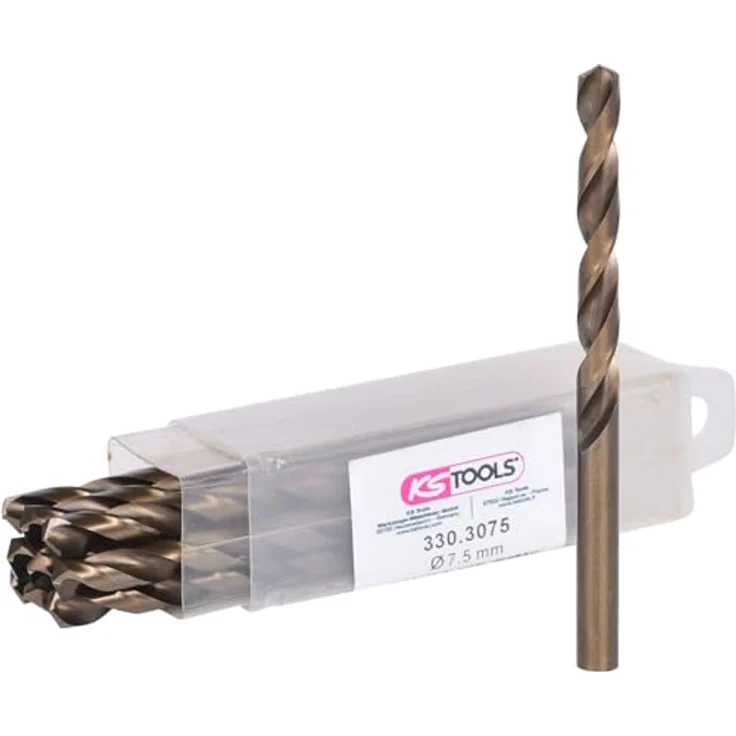 KS Tools 3303075 HSS-G-Co 5 Metall-Spiralbohrer-Set, 10 Stück mit 7.5 mm Durchmesser, kobaltlegierter Hochleistungs-Stahl, goldbraune Oberfläche, für unlegierte und legierte Stähle bis 1100 N/mm² – Bild 1