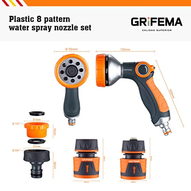 GRIFEMA Gartenbrause Anzug, Handbrause mit 8 Bewässerungsmustern, einstellbarem Wasserdurchfluss, ABS Kunststoff für Gartenbewässerung und Autowäsche – Bild 2