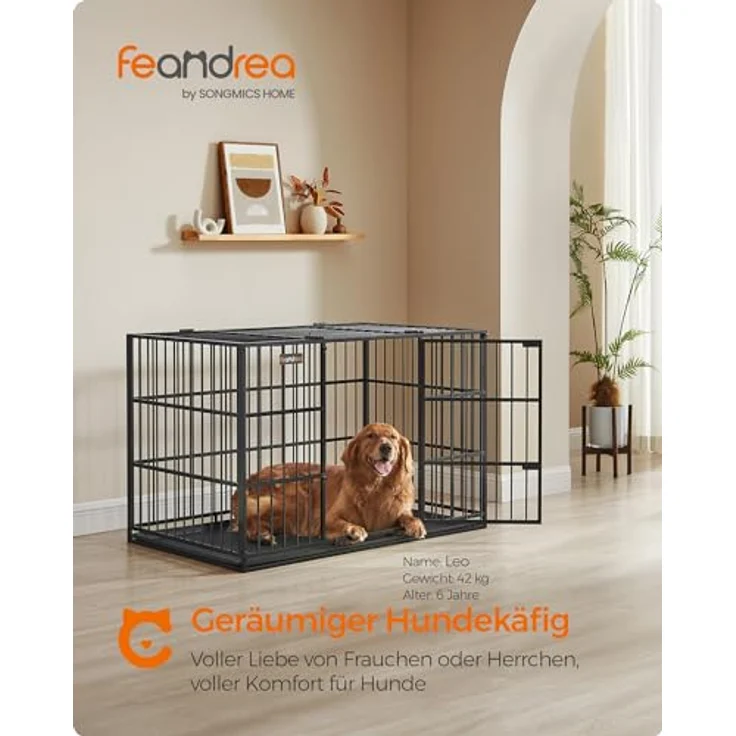 Feandrea Hundekäfig hochbelastbar, Hundebox, 122 x 75 x 80 cm, tintenschwarz, für große Hunde, Doppeltüren, leicht zu reinigen – Bild 2
