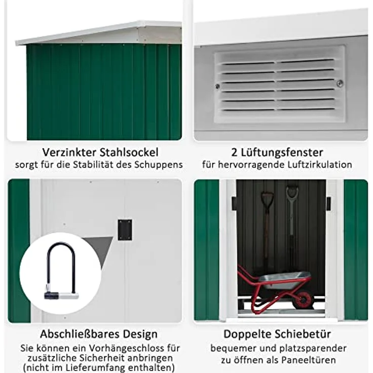 Outsunny Gerätehaus, Gartenhaus, Geräteschuppen mit Schiebetür, Lüftungsfenster, Pultdach, Outdoor, Stahl, Dunkelgrün, 280 x 130 x 172 cm – Bild 5