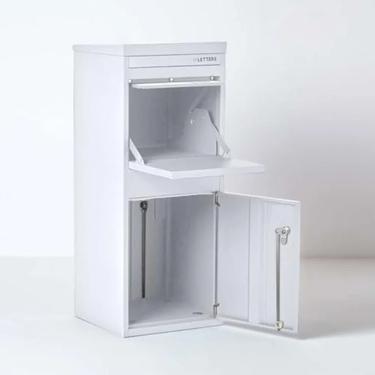 Smart Parcel Box L weiß 42x39x103 cm, Paketbriefkasten mit Rückholsperre, für Zuhause und Unternehmen, Entnahme vorne & hinten – Bild 4
