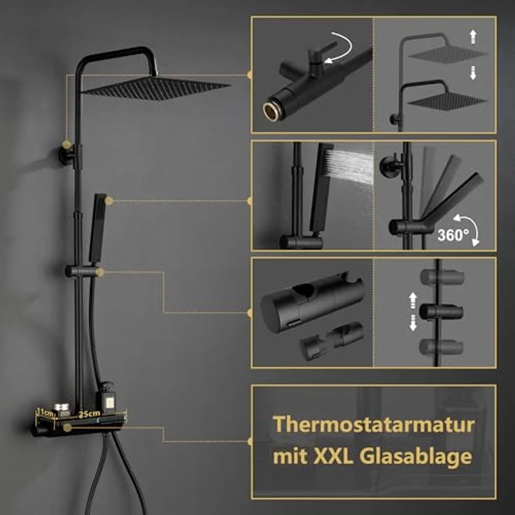 Görbach Regendusche Duschsystem mit Thermostat, 25x25 cm Kopfbrause, Schwarz, antikalk-Düsen, höhenverstellbare Duschstange – Bild 5