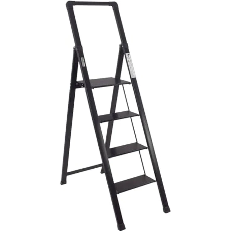 TRUTZHOLM Alu Trittleiter 4-stufig klappbar, bis 150 kg Traglast, Aluminium Silber mit Anti-Rutsch Trittflächen, TÜV/GS geprüft, leicht und platzsparend (Schwarz) – Bild 1