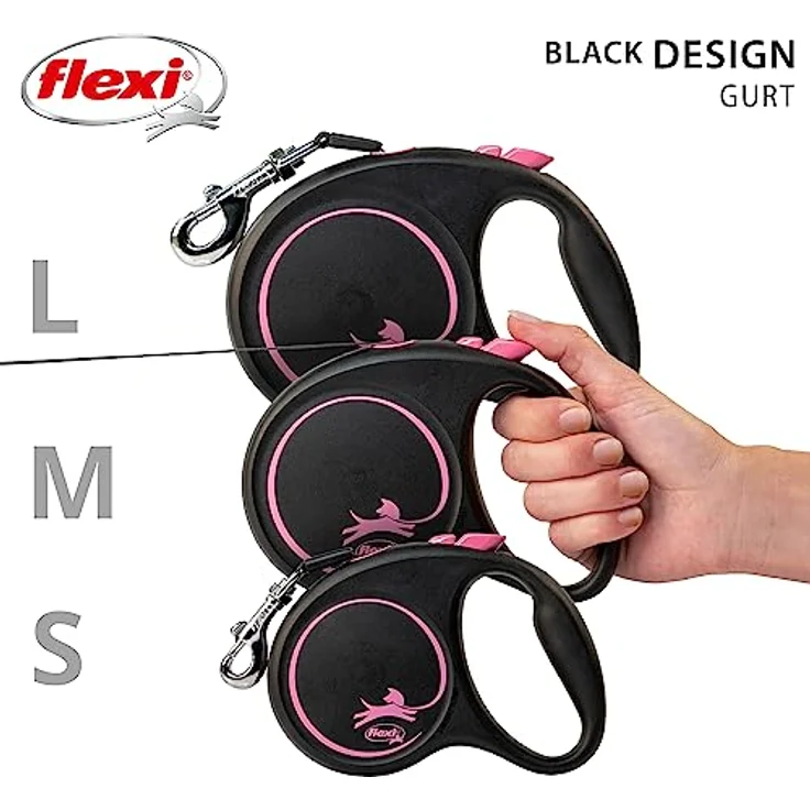 flexi Rollleine Design - Schwarz/Rosa - S, Lange Roll-Leine für Hunde – Bild 5