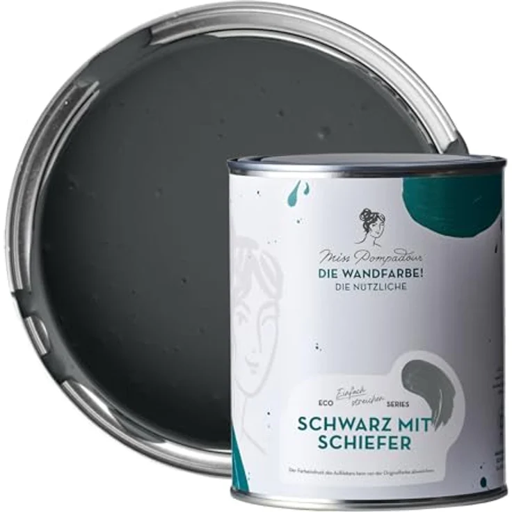 MissPompadour Wandfarbe Schwarz mit Schiefer, abwaschbare Wandfarbe, hohe Deckkraft, scheuerbeständig, wasserbasiert, 1 L – Bild 1