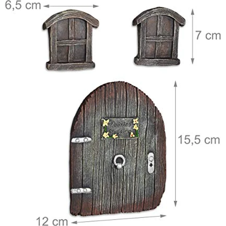 Relaxdays Feentür Garten, 3-teilig, Feenfenster, Baumstamm Deko, wetterfest, Baumdeko zum Aufhängen, Fairy Door, braun - Preisvergleich – Bild 4