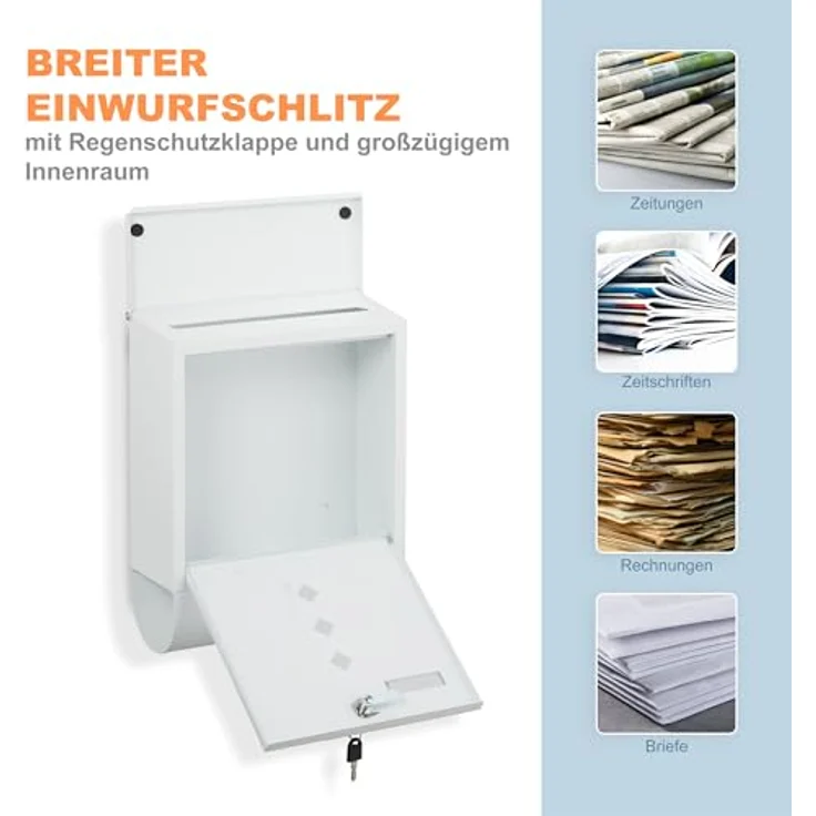 relaxdays Briefkasten mit Zeitungsfach, weiß, modernes Design aus pulverbeschichtetem Eisen, inkl. Zylinderschloss und Sichtfenster – Bild 6