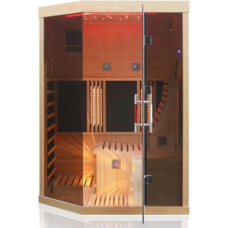 Dewello Infrarotkabine OTTAWA 140x120 Wärmekabine, bis zu 2 Personen, 6 Vollspektrumstrahler, mit Farblichttherapie, Ionisator mit Ozondesinfektion und Aromatherapie, USB-Anschluss & Bluetooth, Hemlockholz, BxTxH: 140 x 120 x 190 cm – Bild 2