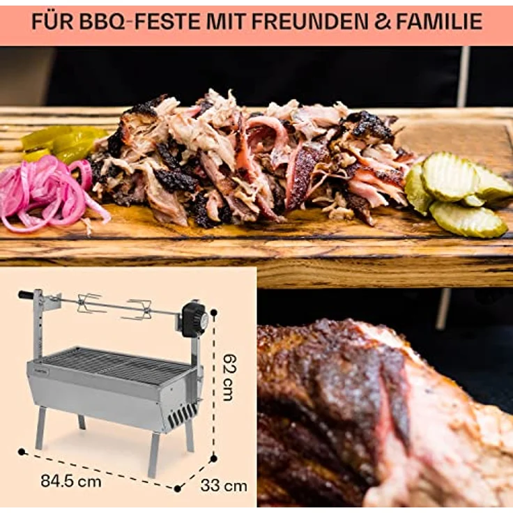Klarstein Sauenland Mini, 2-in-1 Rotisserie Grill mit Motor, Edelstahl-Drehspieß und Grillfläche 55 x 29 cm, Holzkohlegrill mit Rollen – Bild 6