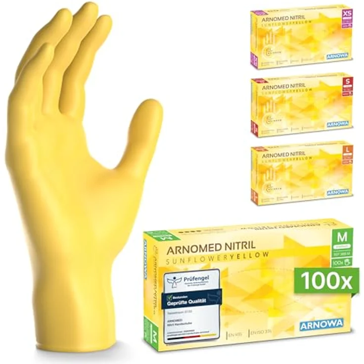 ARNOMED Einweghandschuhe Gelb, Nitrilhandschuhe M, puderfrei, latexfrei, lebensmittelecht, 100 Stück/Box – Bild 1