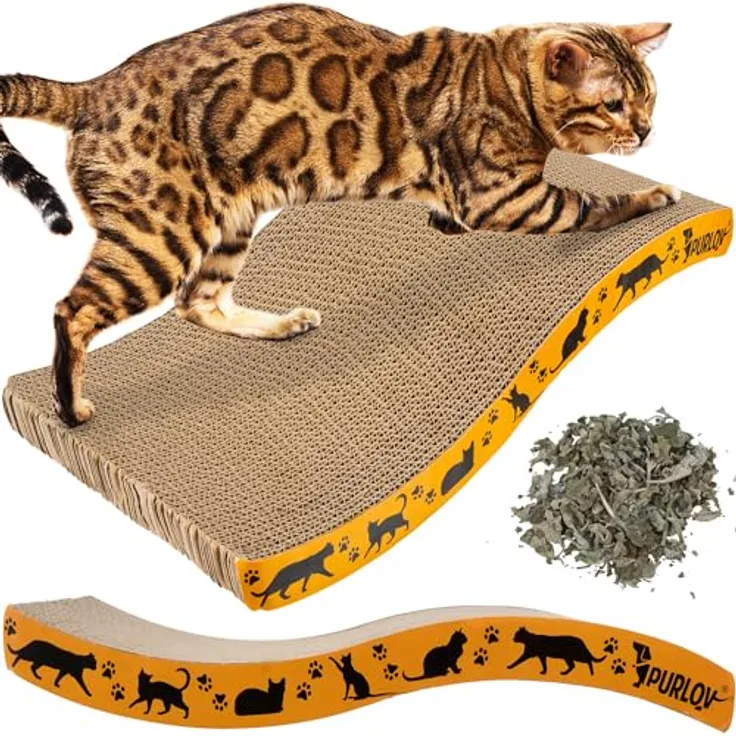 Purlov Kratzpappe mit Katzenminze Ergonomisch Widerstandsfähig Recycelbar Lounge-Bett für Katzen 22037, Rustikales Design mit gelbem Rand